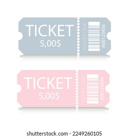 Set vector pink and blue cinema ticket isolated on white background. VIP entry pass template