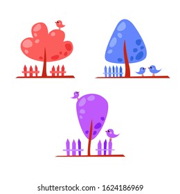 Set of vector pink, blue and violet cartoon trees with birds and fences. Cute garden illustration. Romantic card. Bright forest