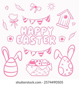 Set of vector pink doodle elements for Easter: birdhouse, basket with eggs, lettering, lollipop in the form of a bird, flags, eggs with ears