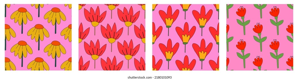 set of vector pink floral seamless patterns.Hippie psychedelic flowers.1970 good vibes and daisy flower.Funky cottage core ornament collection.Vibrant square textile with rose and tulip.Vibrant back