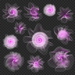 Set Of Vector Pink Fractals As Flowers Or As Design Element On Transparent Background. Gradient Elements Made Of Transparent, Delicate, Lightweight Fabric. Pink White Color