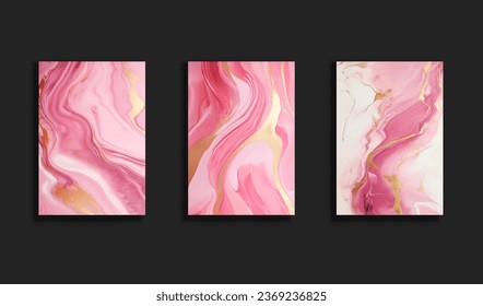 Set of Vector pink gold liquid marble texture, Magenta and gold marbling surface bundle. Water oil marble ink background