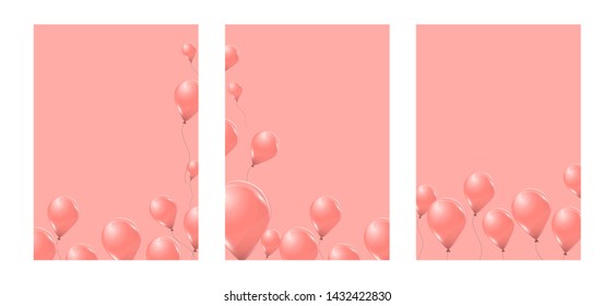 Set of vector pink helium balloons on pink background. Flying latex 3d ballons. 