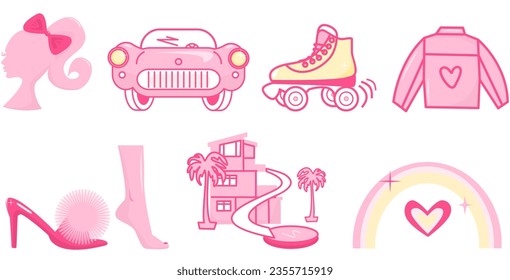 Set of vector pink icons in doll style like from movie.