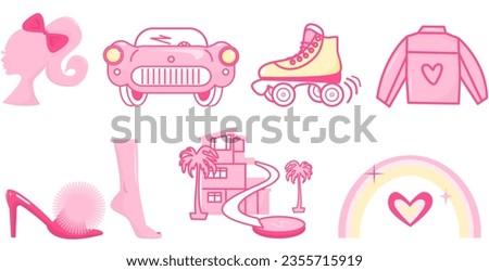 Set of vector pink icons in doll style like from movie.