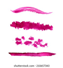 Set of vector pink paint stains and textured strokes. Collection of cosmetic swatches.