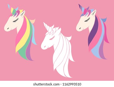 set of vector pink unicorns beautiful for girls, festive purple, for birthday. head of a unicorn with a horn and mane