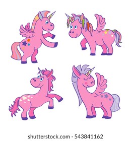 Set of vector pink unicorns white background