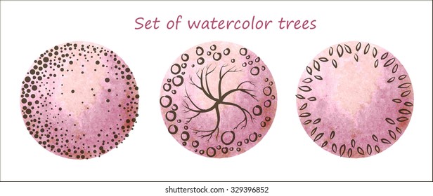 Set of vector pink watercolor trees with graphic stroke, top view, for landscape and architectural design