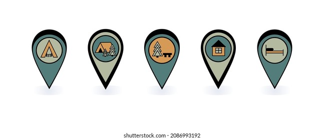 Set of vector pins with location icons. Colored pointers for route markers. For applications, video, printing. Resting place, bed, hotel, home, hotel, tent