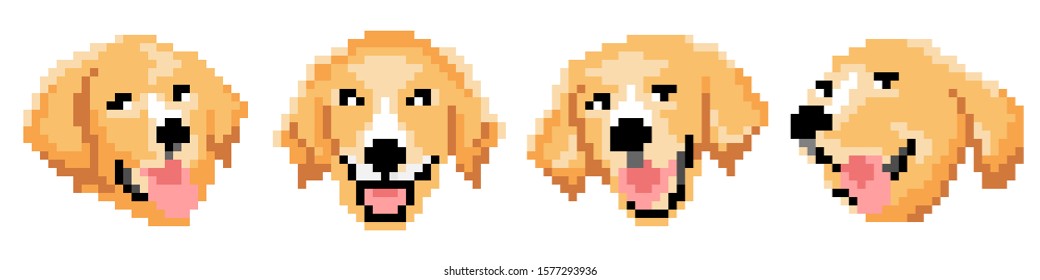 Set vector pixel art brown Golden Retriever dogs isolated on white background.