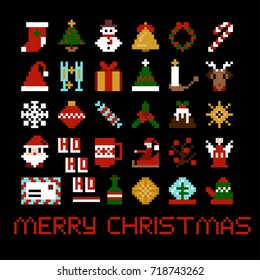 Set of vector pixel art christmas icons. Santa, star, candy, deer, snowflake and other in 8-bit