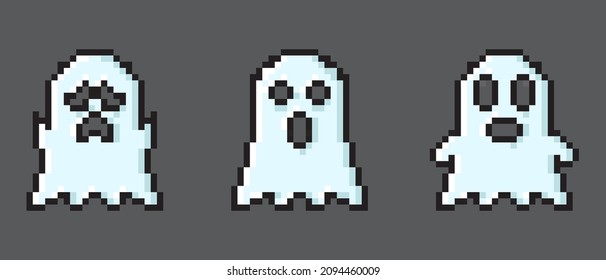 Set of vector pixel art ghost. Pixel character ghosts. Pixel art ghosts set. Retro 8 bit pixel ghosts and spirits icons. Vector illustration