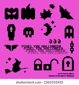 Set of vector pixel elements on pink background in Y2K style. Halloween illustration for web use.