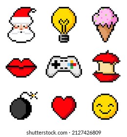 Eine Reihe von Vektorpixelsymbolen. Pixelfarbige Illustrationen.