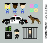 Set of vector pixel icons on the police and crime theme