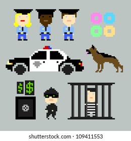 Set of vector pixel icons on the police and crime theme