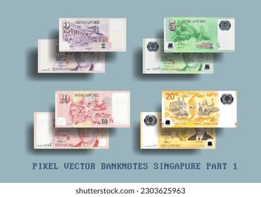 Conjunto de billetes de Singapur con mosaico de píxeles vectoriales. Las denominaciones de los billetes son 2, 5, 10 y 20 dólares. Primera parte.