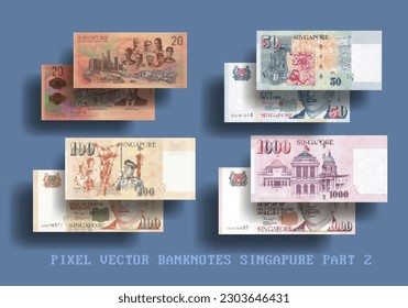 Set of vector pixel mosaic Singapore banknotes. The denominations of the bills are 20, 50, 100 and 1000 dollars. Part two.