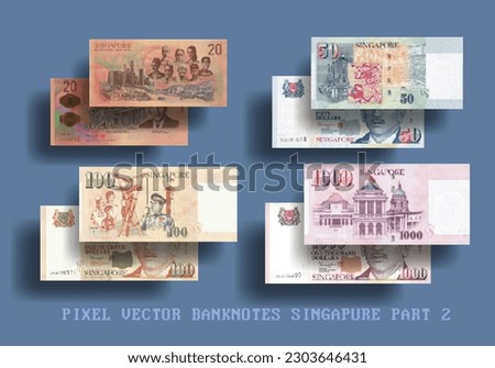 Set of vector pixel mosaic Singapore banknotes. The denominations of the bills are 20, 50, 100 and 1000 dollars. Part two.