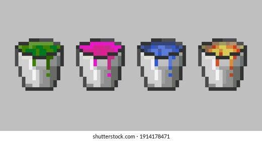 Set of vector pixel objects. Bucket container for carrying liquids and fish. Essential when building wheat farms, artificial lakes and canals, casting obsidian structures. Pixel game objects 