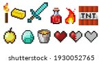 Set of vector pixel objects. Potion bottles, fire flame, sword, torch, emerald and heart. Objects for a pixel game. The concept of games background. Minecraft concept. Vector illustration
