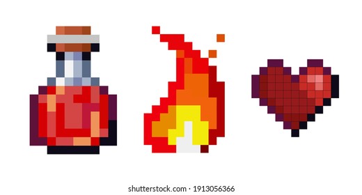 Set of vector pixel objects. Potion bottles, fire flame and heart. Objects for a pixel game
