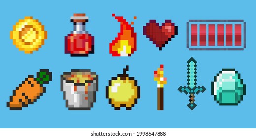 Set of vector pixel objects. Potion bottles, fire flame, sword, torch, emerald and heart. Objects for a pixel game. The concept of games background. Minecraft concept. Vector illustration