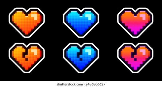 Set of vector pixelated hearts, orange, blue, pink gradient, 8 bit retro game style icons, stickers