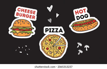 Juego de pizza vectorial, hot dog, hamburguesa de queso sobre fondo negro. Paquete de emoticones para comida.