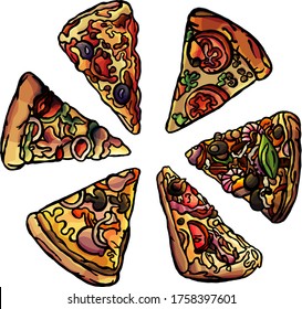 Set of vector pizza pieces, cartoon style, isolated on white background, packaging, pizzeria, snack bar, cafe, dinner, students, food, food advertisement, meat, hot dishes, tomato, meat, cheese, pizza