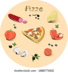  Set vector pizza with salami and cheese, hot food poster, sticker for cafe menu, pizzeria, textile design
