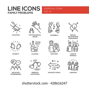 Set Of Vector Plain Line Design Icons And Pictograms Of Family Problems. Violation, Psychological Abuse, Quarrels, Poverty, Alcohol, Criticism, Loss Of Intimacy, Relatives Interference, Cheating