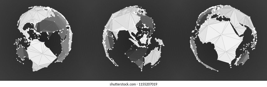 set of vector planets. earth isolated on black background. 3d skeleton of triangular segments