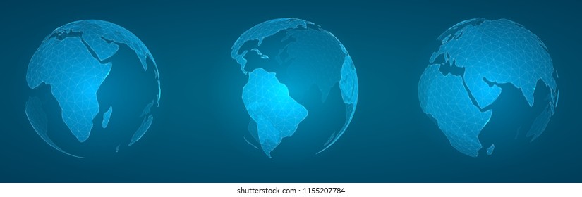 set of vector planets. earth on blue background. 3d skeleton of triangular segments