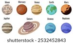 Set of vector Planets isolated transparent background. Moon, Mercury, Venus, Earth, Mars, Jupiter, Saturn, Uranus and Neptune collection. EPS 10