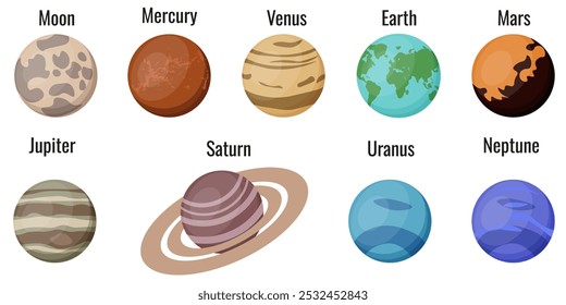 Conjunto de Vector Planetas aislados fondo transparente. Luna, Mercurio, Venus, Tierra, Marte, Júpiter, Saturno, Urano y Neptuno colección. EPS 10