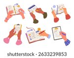 Set of vector planner or reminder, todo list. Handwritten diary or checklist page, schedule or calendar. Clipart of hands writing timetable or journal, diary. Office documentation. Plan making page.
