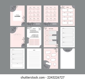 Set of vector planner templates A4 paper format. Cover, calendar 2023 - 2024, goals, month divider, book list, tracker, weekly pages, notes, space for writing thoughts, space for sketching, drawing.