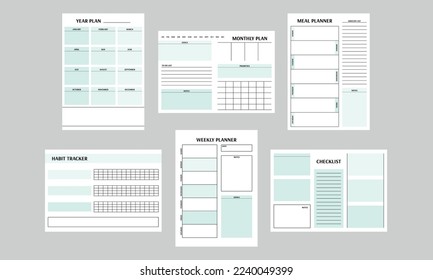 Set of vector planners and printable. Plan for the year, for the month, for the week, menu, habit tracker, checklist, notes, goals, priorities, grocery list.