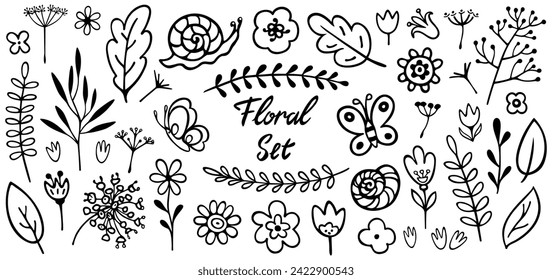 conjunto de plantas vectoriales y mariposas dibujadas a mano sobre un fondo blanco