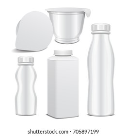 Set of vector plastic bottle and round white glossy plastic pot for dairy products. For milk, drink yogurt, cream, dessert. Realistic mockup template for your design