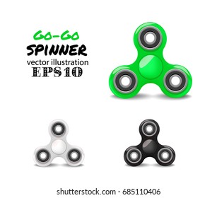 Set of vector plastic spinner.  Relaxing trend triple fidget toy  different colors green, white, black