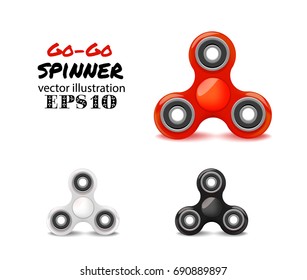 Set of vector plastic spinner.  Relaxing trend triple fidget toy  different colors red, white, black
