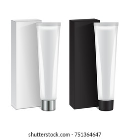 Set of vector plastic tube with cap and box for medicine or cosmetics - cream, gel, skin care, toothpaste. Packaging mockup template for your design