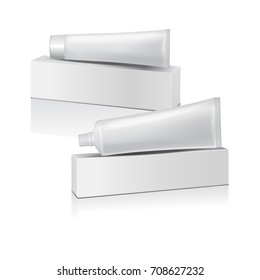 Set of vector plastic tube with white box for medicine or cosmetics - toothpaste, cream, gel, skin care. Packaging mockup template for your design