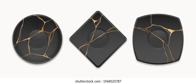 Set of vector plates with gold kintsugi cracks. Japanese art of repairing broken pottery. Black broken plates with golden material. Asian home decoration elements.