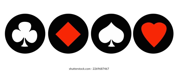 Set of vector playing card symbols. Poker card suits Spades Hearts Diamonds and Clubs icons isolated on white background.