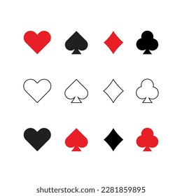 Conjunto de símbolos de cartas de reproducción vectorial. Trajes de cartas de póquer - corazones, palos, espadas y diamantes - sobre fondo blanco.Jugar símbolo de juego de cartas icono vectorial.Palo de encaje de corazón de póquer, símbolo de tarjeta de casino de diamante.