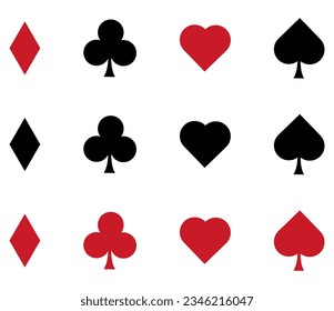 Set of vector playing card symbols, poker card suits - hearts, clubs, spades and diamonds - on white background.